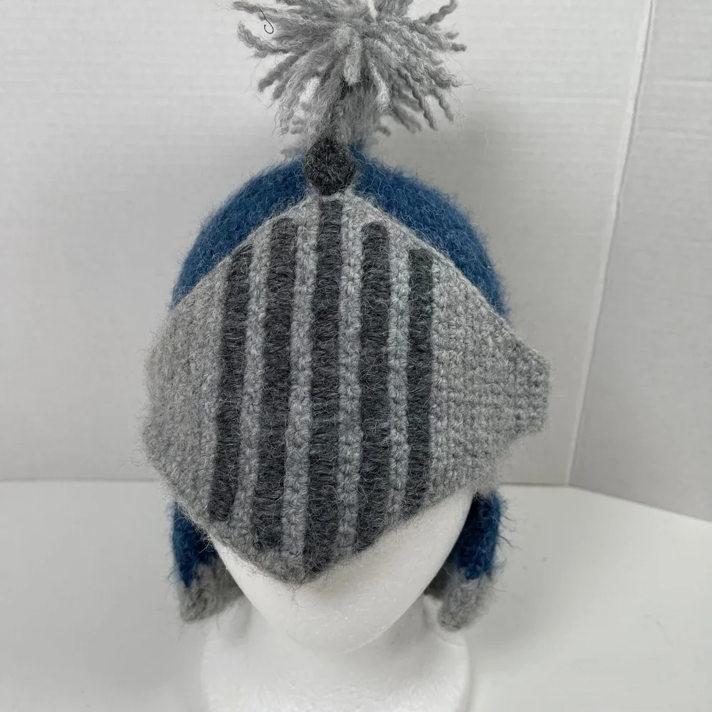 Garnet Hill Kids Knight Helmet Beanie Blue Grey Crochet Spartan Fringe Hat